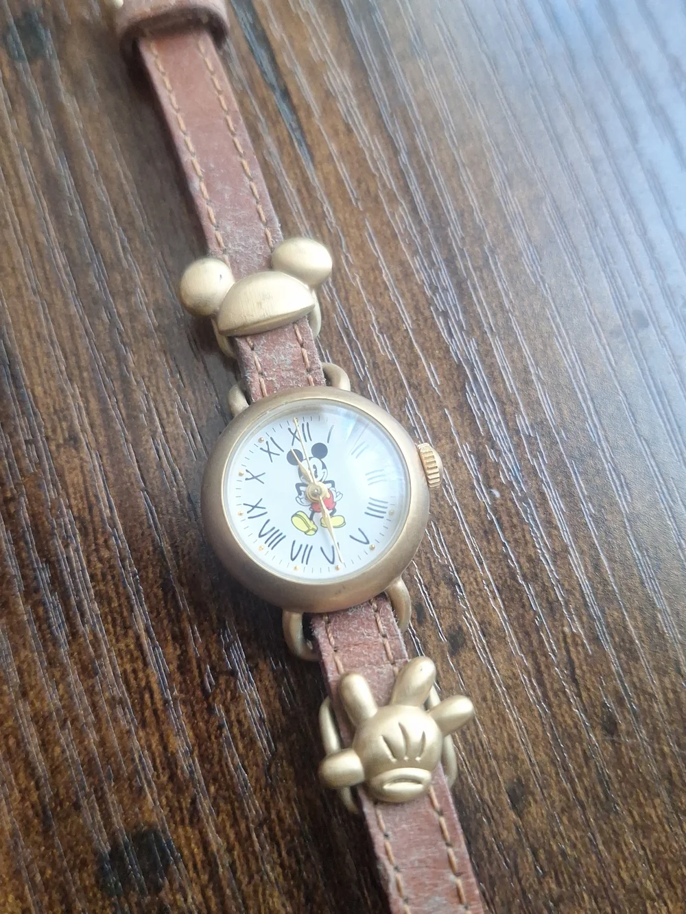 Disney Brown and Gold Mickey Mouse Leather Strap Watch Requires Battery